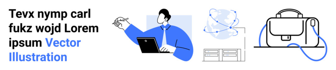 Professional working on laptop, atom model, network diagram, and office bag. Ideal for business, technology, education, remote work, scientific research, productivity, and corporate websites. Landing