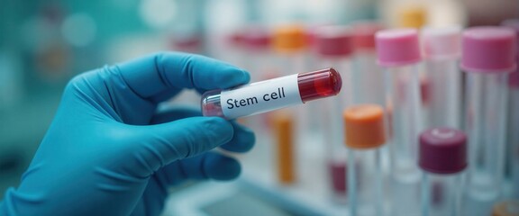 Close up of a gloved hand holding a test tube with stem cells, medical research and health care concept.