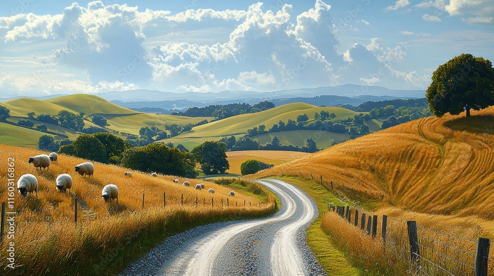 Poster a road with a herd of sheep on the side. generative ai