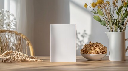 A minimalist wooden table showcases a customizable cereal box mockup, perfect for presenting branding ideas in an elegant studio with soft lighting and neutral hues.