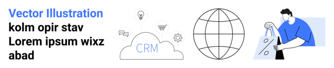 Man with shopping bag, globe, CRM cloud, and textual elements illustrating digital commerce and CRM. Ideal for e-commerce, CRM tools, global business, online shopping, digital marketing customer