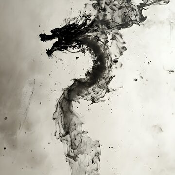 Ethereal Dragon Formed by Fluid Ink Splashes in Monochrome Tones