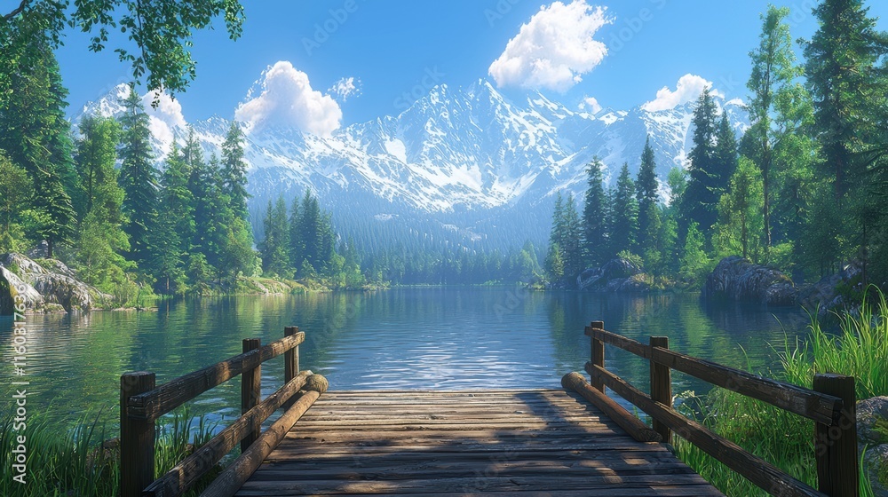 Poster a beautiful mountain range is in the background of a serene lake. generative ai