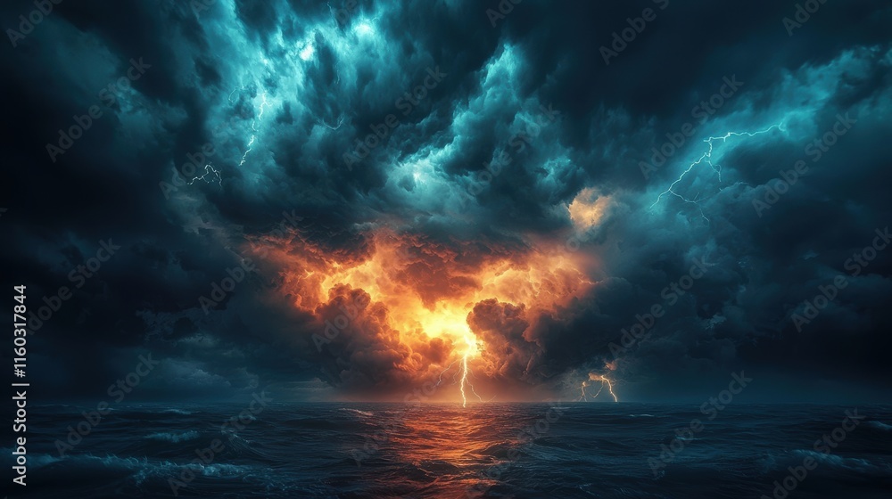 Poster a stormy sky with a large red and orange cloud in the middle. generative ai