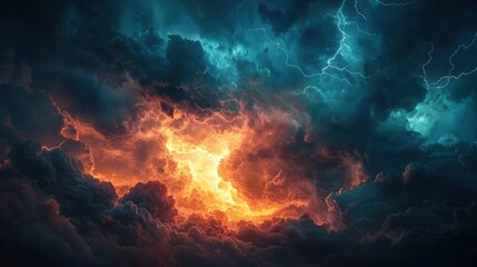 Fototapeta premium A stormy sky with a bright orange and blue lightning bolt. Generative AI