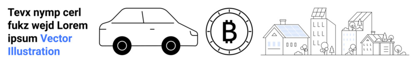 Car, Bitcoin symbol, buildings with eco-friendly features, solar panels, wind turbines, green roofs. Ideal for transportation, cryptocurrency, eco-living, sustainable energy, green technology, urban