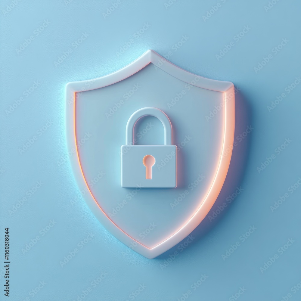 Poster 3d render of a shield with a padlock, symbolizing security and protection.