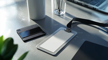 Event badge mockup on a modern desk, featuring a professional name tag lanyard and customizable options, perfect for branding at conferences and conventions.
