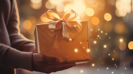 Obraz premium A person excitedly unwrapping a gift, golden hour lighting, space on the left side for text,generative ai illustration