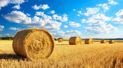 Sunlit golden hay bales stacked neatly in an open rural field under a clear blue sky on a bright sunny day