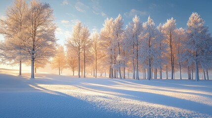 Obraz premium A snowy field with trees in the background. Generative AI