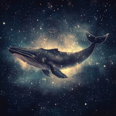 Whale swimming in a cosmic nebula, stars, and galaxies.
