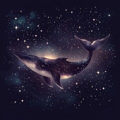 Whale swimming in a starry galaxy, cosmic scene.