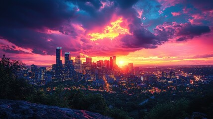 Obraz premium A city skyline is lit up by the sun as it sets. Generative AI