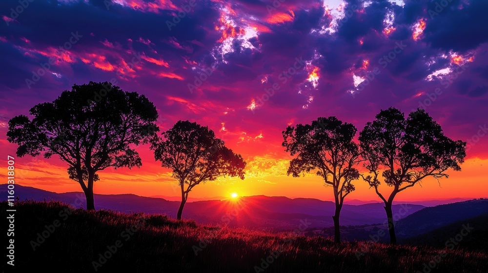 Poster a beautiful sunset with a few trees in the background. generative ai