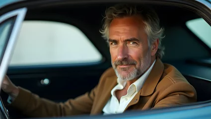 Fototapete Confident Senior Man Driving a Classic Car © TALAL