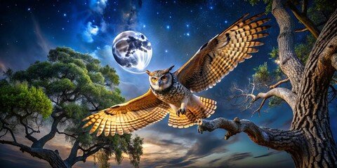 Obraz premium Majestic Night Owl in Ancient Tree - Action Shot Photography