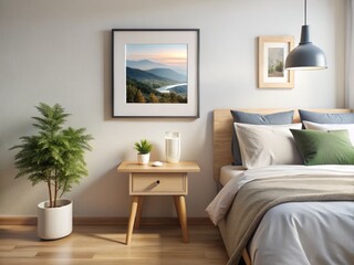 Fototapeta premium Minimalist Bedroom Photo Frame Mockup: Bird's Eye View Interior Design