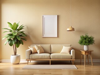 Minimalist Beige Living Room Interior Design: Hanging Plant, Blank Frame, Sofa