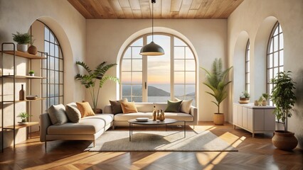 Fototapeta premium Minimalist Mediterranean Interior Design: High Ceiling, Arched Doorways, Neutral Palette