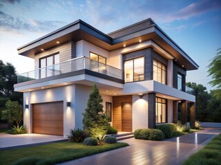 Fototapeta premium Modern House 3D Rendering, Eye-Level View, White Background, Architectural Visualization, Contemporary Home Design