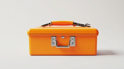 A bright toolbox filled with tools, positioned on a seamless white background.