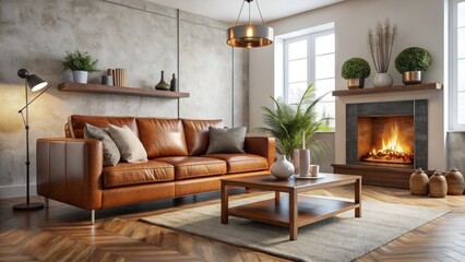Modern Neutral Living Room Fireplace Design: Close-Up Brown Leather Sofa & Wooden Table