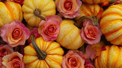 Close up of flowers and pumpkins