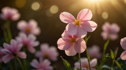 Fototapeta premium pink wallpaper, Soft pink petals falling under golden sunlight