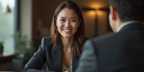 A busy, happy professional businesswoman, in the role of a bank manager, lawyer, or attorney, consulting with a client on financial management