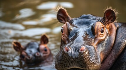Fototapeta premium Close-up of a hippo and its calf in the water, showcasing their curious expressions and aquatic habitat.