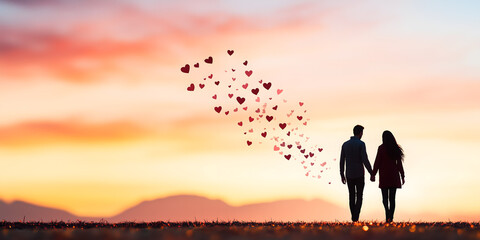 silhouette couple holding hands walking at sunset heart shaped bubbles floating above