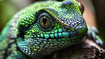 Fototapeta premium Close-up of a vibrant green lizard with intricate scales and sharp eyes in a tropical environment.