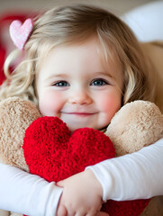 Adorable little girl cuddling soft heart pillow with bright smile expressing pure joy and innocence : Generative AI