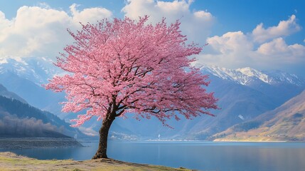 A magnificent and beautiful cherry blossom tree standing alone, with beautiful mountain and lake...