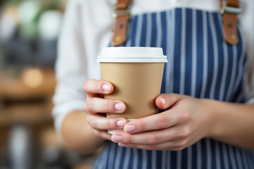 Close-up view of hands holding a disposable coffee cup, person wearing a striped apron, warm blurred cafe background. Concept of coffee and service. Ai generative