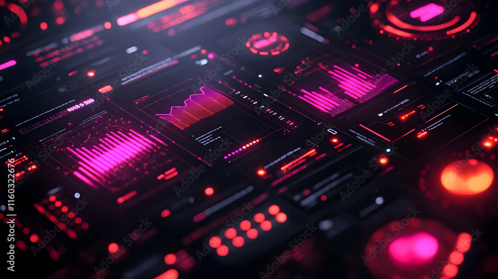 Poster abstract digital interface with graphs and controls in vibrant pink and red hues.