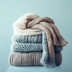Stack of cozy knitted sweaters and scarves in muted colors.