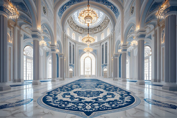 Obraz premium Most beautiful mosque interior, blue and white carpet with intricate patterns on the floor, vaulted ceiling adorned in delicate Islamic motifs.