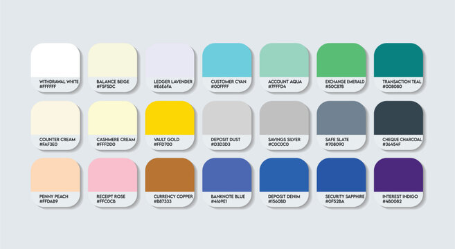 Bank Teller Color Guide Palette with Color Names. Catalog Sample Bank Tellers with RGB HEX codes and Names. Colors Palette, Bank Teller Color Palette, Fashion Trend bright Bank Teller Color Palette
