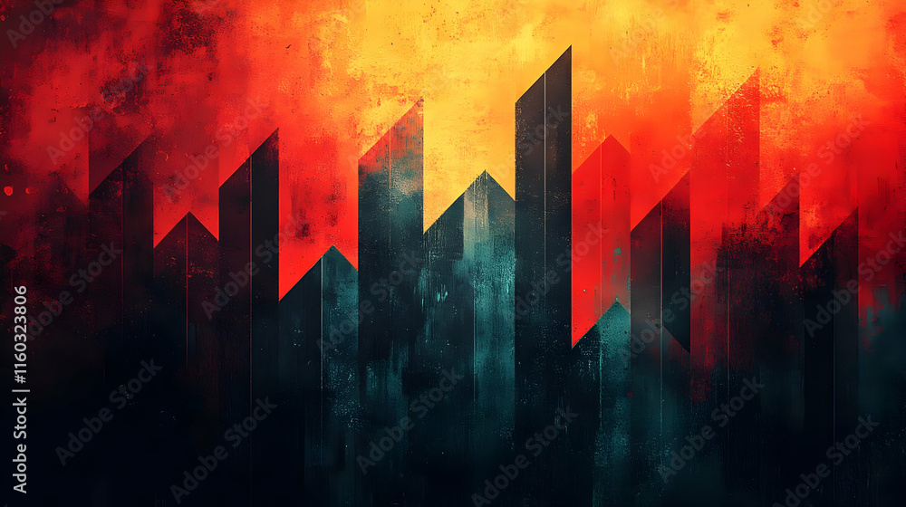 Poster abstract digital artwork featuring sharp, angular shapes against a fiery background.