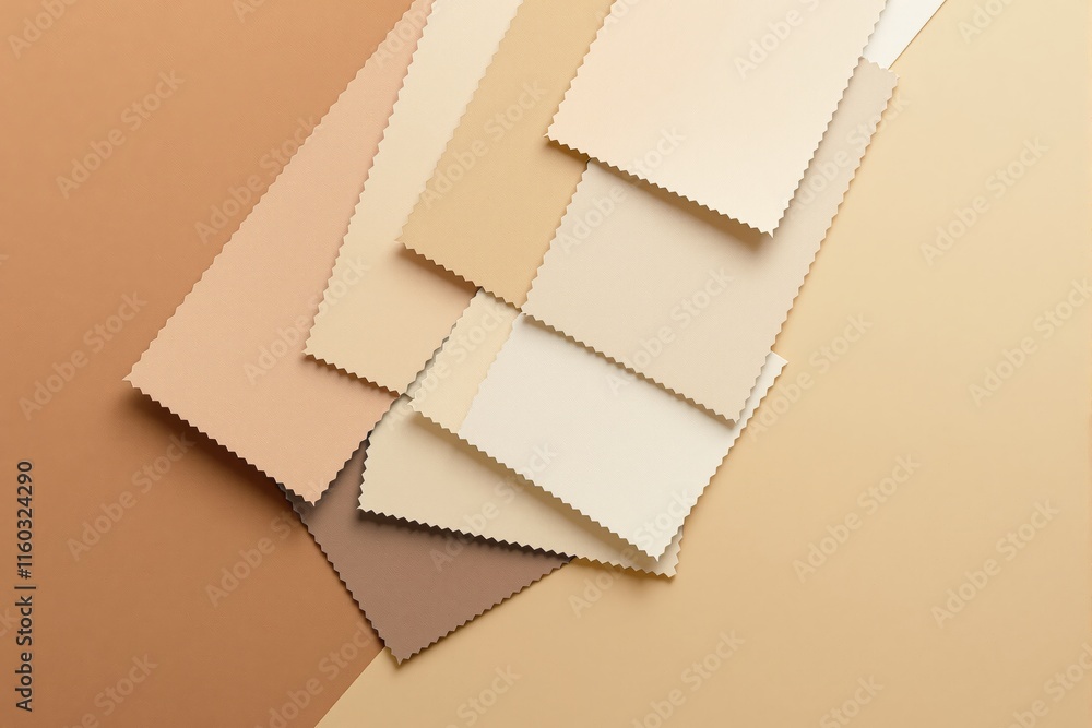Poster fabric samples in beige tones with serrated edges placed on a soft neutral background. minimalist st