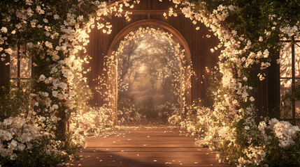 An archway with white flowers and greenery on the sides, an arched wooden in the background, a romantic wedding backdrop.