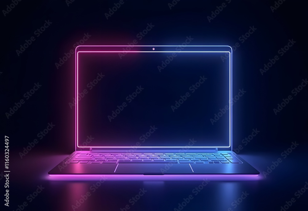 Fototapete 3d render laptop notebook electronic device isolated on ultra violet background, illuminated with ne