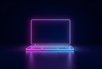 3d render laptop notebook electronic device isolated on ultra violet background, illuminated with neon light. Virtual reality. Futuristic technology concept. Digital illustration
