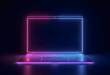 3d render laptop notebook electronic device isolated on ultra violet background, illuminated with neon light. Virtual reality. Futuristic technology concept. Digital illustration
