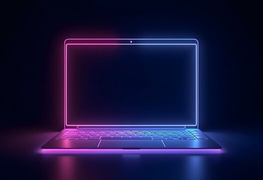 3d render laptop notebook electronic device isolated on ultra violet background, illuminated with neon light. Virtual reality. Futuristic technology concept. Digital illustration
