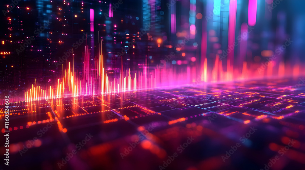Poster abstract digital visualization with vibrant colors representing data or sound waves.