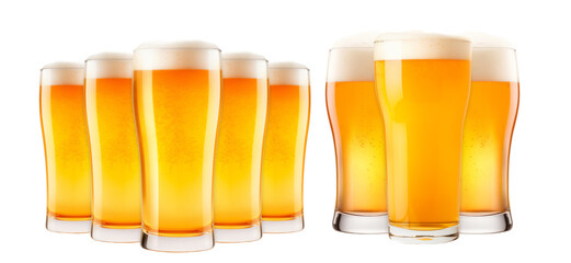 Collection of different beer glasses in various styles isolated on white transparent background. Mugs with drink like Ipa, Pale Ale, Pilsner, Porter or Stout