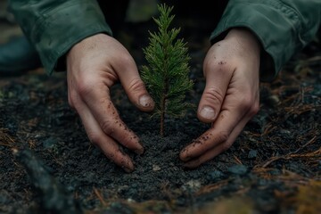 A close-up of hands planting a small sapling into the earth, symbolizing the start of new growth and the importance of protecting nature.
